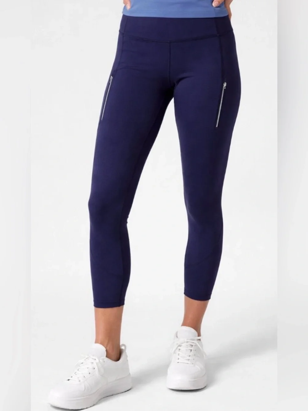 Athleta Rainer Navy Blue Small Pocket Leggings approx 23” Inseam White Logo 💎EUC